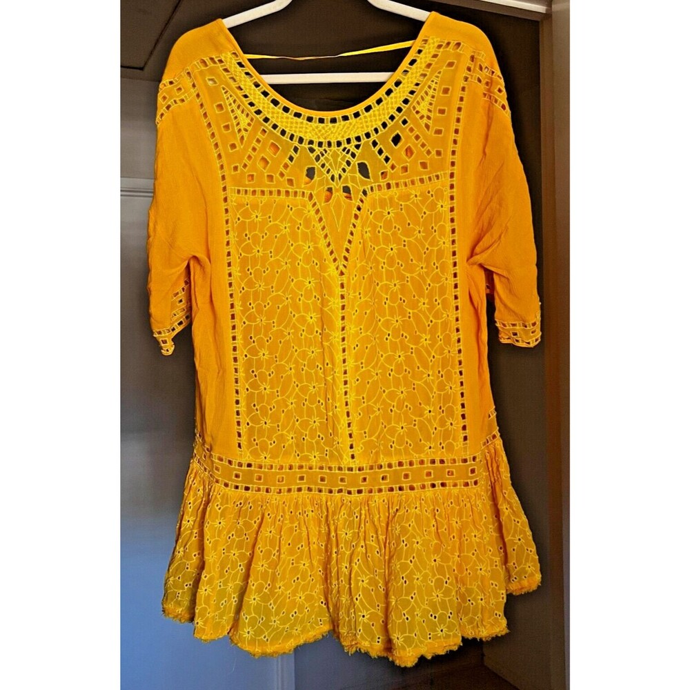 Free People Mini Dress Sz XS/S Boho Eyelet Women Flowy Oversize Yellow